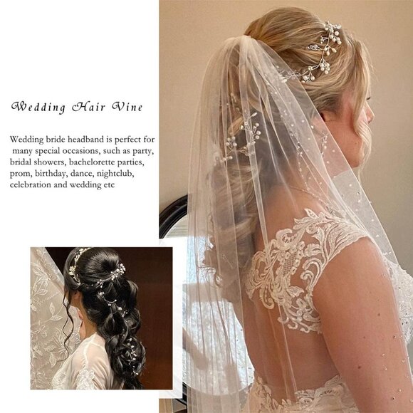 Bride Wedding Hair Vine Silver Pearl Long Headpieces Crystal Headpiece Rhineston - Picture 4 of 8